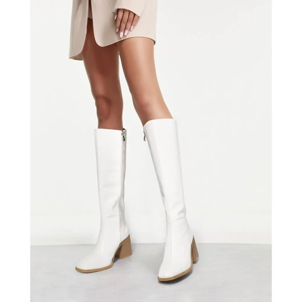 Women Crocodile White Polyurethane Knee High Square Toe Block Heel Tall Boots